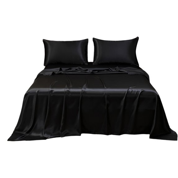 Hiroekza Luxury Soft Matte Satin Hotel King Size Sheet Set - 4-Piece Deep Pocket Fitted & Flat Sheet with Pillowcases (Multiple Colors) Black