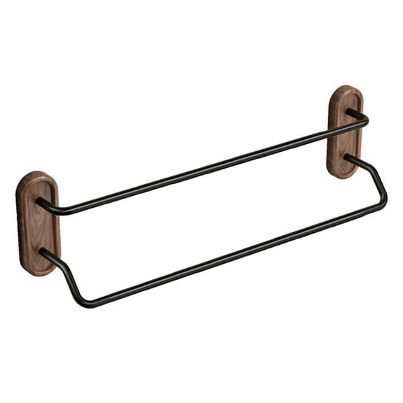 Hiroekza No-Drill Towel Rack for Bathroom Wall Mounted Towel Bar 15 Inch 2 Rod - Walnut Wood & Aluminum Bathroom Organizer with Storage Function for Towels & Bath Sheets Home Decor Black