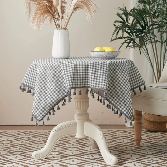 Hiroekza Plaid Polyester Fabric Tablecloth 35x35" Square - Heat Insulation, Elegant Embroidery Coffee Table Cloth with Tassels for Dining Table Decor