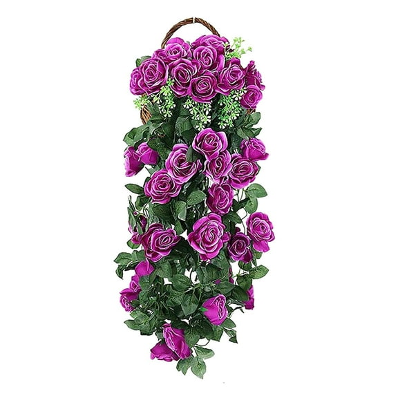 Hiroekza Rose Artificial Hanging Flowers Garland - Faux Rose Bouquets Faux Hanging Flowers with Rattan for Front Porch Ceremony Wedding Arch Home Garden Outdoor Decor Purple