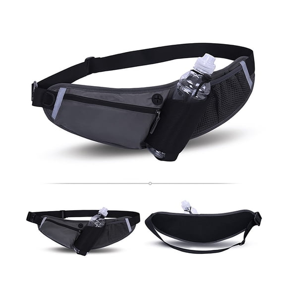 Hiroekza Running Belt with Water Bottle Sports Pack Waist Bag for Men & Women - Nylon Multifunctional Zipper Belt for Running Hiking Climbing - Adjustable Reflective Fitness Gear Accessories Black