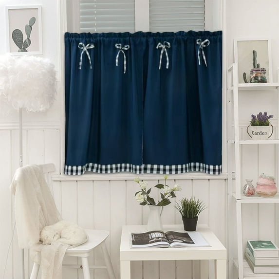 Hiroekza Short Curtains Kitchen Curtains Bowknot Checkered Border Polyester Light Control Easy Installation Versatile Use 29 x 24 Inch Navy