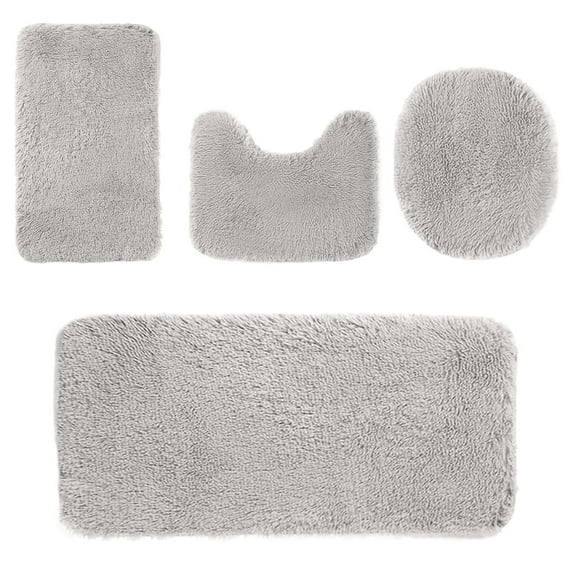 Hiroekza Solid Color Bathroom Rug Set 4 Pieces - Velvet Fleece, Non-Slip, Water Absorbent, Machine Washable, Modern Style Bathroom Sets with Rugs Gray