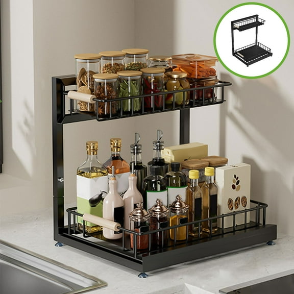 Hiroekza Spice Rack Organizer for Countertop, Space-Saving Kitchen Spice Organizer for Seasonings, Standing Large Seasoning Storage Shelf, Durable Alloy Material, Under Cabinet Spice Rack Black