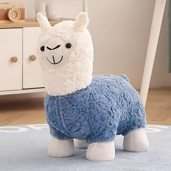 Hiroekza Step Stool for Adults Kids Indoor Short Footstool Lamb's Fleece Fabric Upholstered Sofa Tea Stool for Living Room Bedroom Porch Blue