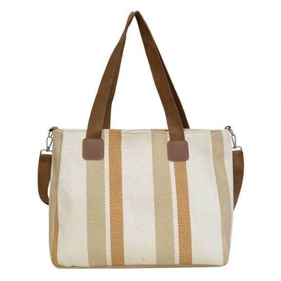 Hiroekza Stylish Canvas Striped Tote Bag for Women - Large Capacity, Versatile & Trendy Shoulder Bag White