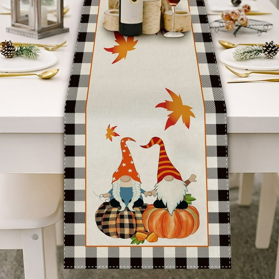Hiroekza Thanksgiving Gnomes & Pumpkins Fall Table Runner Burlap Table Runners for Rustic Kitchen Centerpiece Decor Washable Home Kitchen Decorations 72x13"