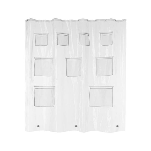Hiroekza Translucent Pocket Shower Curtain Liner - Waterproof Fabric with 9 Mesh Pockets for Bathroom Storage, Mold & Mildew Resistant Plastic 70.7x70.7in Clear