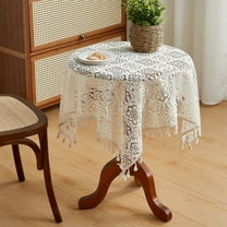 Hiroekza Vintage Square Lace Tablecloth 24 Inch - Elegant Tale Cloths with Tassel for Round Coffee Table Decor for Wedding/Home/Party - Decorative Fabric Farmhouse Table Cover White