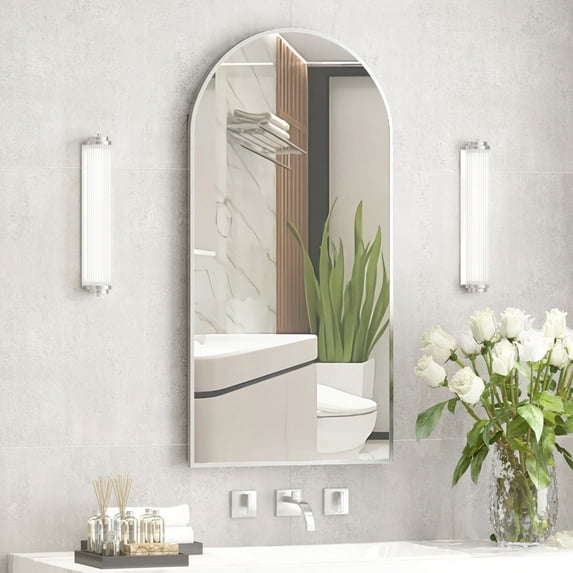 Hironpal 16" x 32" Farmhouse Recessed or Surface Mount Arched Metal Bathroom Medicine Cabinets with Mirror and 3 Adjustable Glass Shelves, Brushed Silver