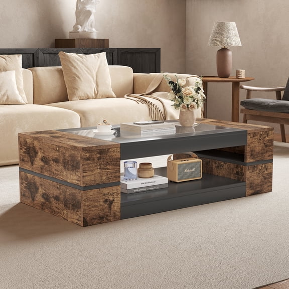 Hironpal 2-Tier Modern Coffee Table with Glass Top,47" Rectangular Living Room Center Table with Storage,Rustic Brown