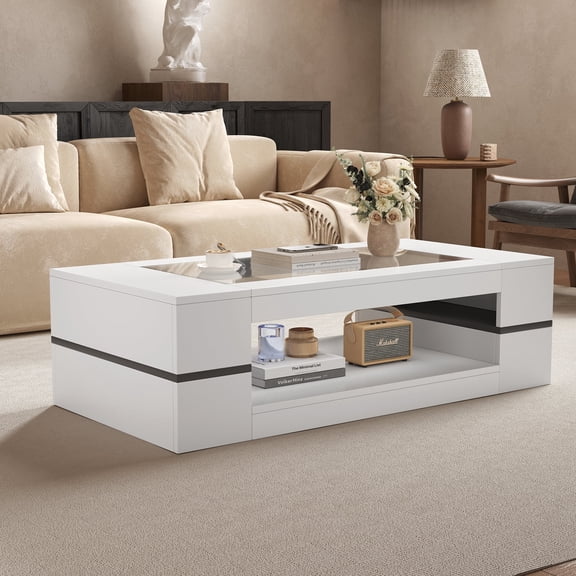 Hironpal 2-Tier Modern Coffee Table with Glass Top,47" Rectangular Living Room Center Table with Storage,White