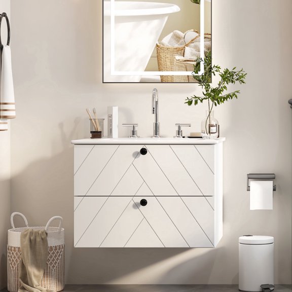 Hironpal 24'' Floating Bathroom Vanity with Sink,Bathroom Storage Cabinet with Ceramic Sink,Drawers,Diagonal Pattern,White