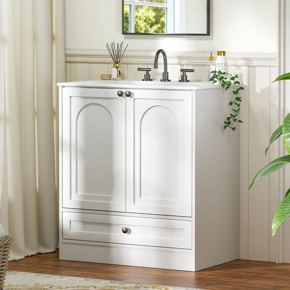 Hironpal 30'' Bathroom Vanity with Ceramic Sink, Freestanding Bathroom Vanity Cabinet with Drawers and Shelves,White