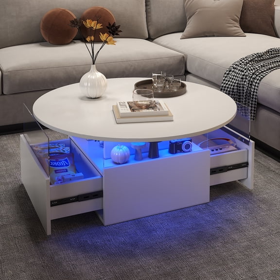 Hironpal 31.5" Modern Round Coffee Table with Storage,LED Center Table in Living Room with Drawers,White