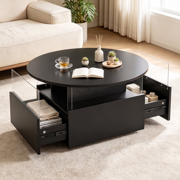 Hironpal 31" Lift Top Coffee Table with LED Light, Modern Round Center Table for Living Room, Drawers,Black
