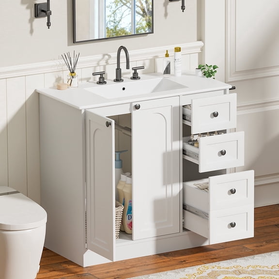 Hironpal 36'' Bathroom Vanity with Ceramic Sink, Freestanding Bathroom Storage Cabinet with Drawers and Shelves,Arched Pattern,White