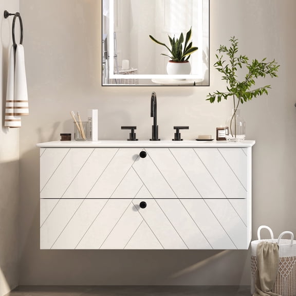 Hironpal 36'' Floating Bathroom Vanity with Sink,Bathroom Storage Cabinet with Ceramic Sink,Drawers,Diagonal Pattern,White