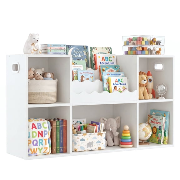 Hironpal 5-Cubby Kids Bookshelf with 3-Tier Scalloped Bookcase, Cube Storage Cabinet with Toy Organizer,White