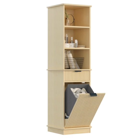 Hironpal 59"H Tilt Out Laundry Hamper Cabinet,Hidden Laundry Storage with Drawers & Baskets for Bathroom,Wavy Pattern,Natural
