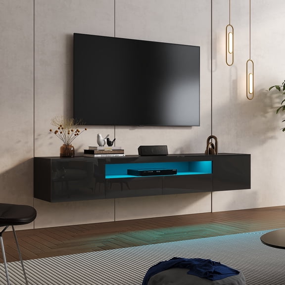 Hironpal 70" Floating TV Stand for TVs up to 80", LED Floating Entertainment Center with Storage,Wall Mounted, Black
