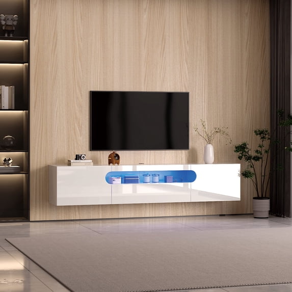 Hironpal 79" LED Floating TV Stand for TVs up to 90", Entertainment Center Media TV Console Shelf with Storage, White