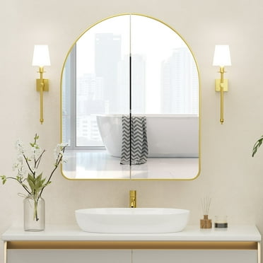 Hironpal Arch Frameless Medicine Cabinet With Mirror & 2 Doors, Surface Mount Bathroom Mirror Cabinet With Storage -24" x 28"