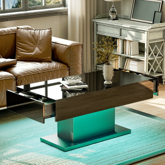 Hironpal Black Led Coffee Table with 2 Storage Drawers for Living Room, Living Room Table Rectangular Center Table, Modern High Glossy Wooden Coffee Tables with Lights for Dining Reception Room
