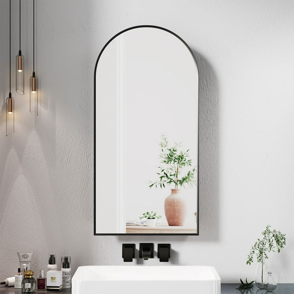 Hironpal Brushed Black Metal Framed Arched Medicine Cabinets with Mirror & Storage for Bathroom, Living Room, Not Recessed,16" x 31"