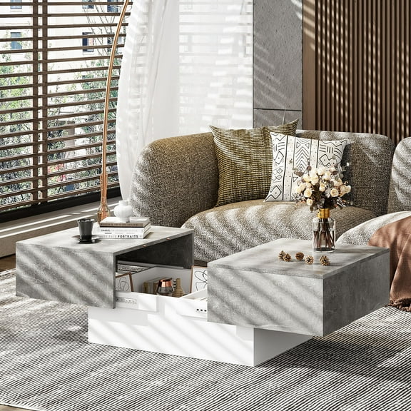 Hironpal Coffee Table with Sliding Storage, Wooden Rectangular Modern Center Table, Pull-Out Extendable,Gray