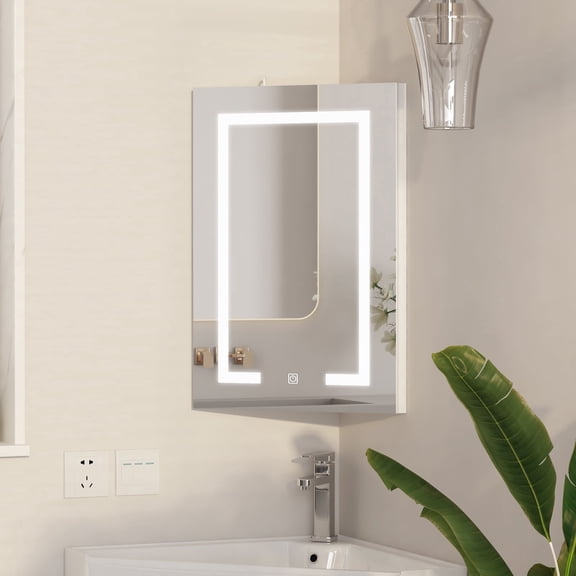 Hironpal Corner Medicine Cabinet Mirror with Lights,Wooden LED Bathroom Mirror Cabinet Wall Mounted,White,14"x 24"