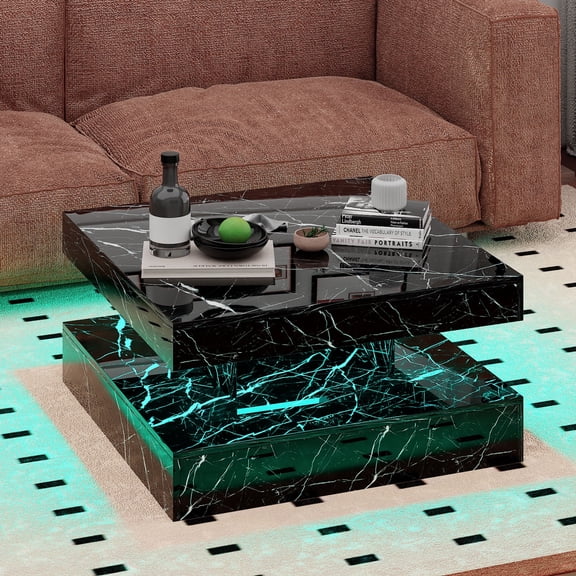 Hironpal Hironpal Modern Black Marble Square LED Coffee Table - 2-Tier Storage, 20-Color LED Light, Contemporary Glossy Cocktail Tea Table for Home Office Reception