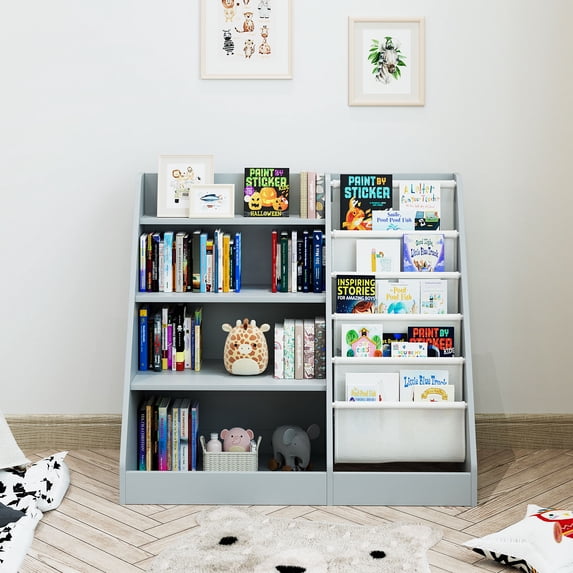 Hironpal Kids Bookshelf, 4 Tier Storage Book Rack and Five Layer Sling Bookshelf for Playroom,Gray