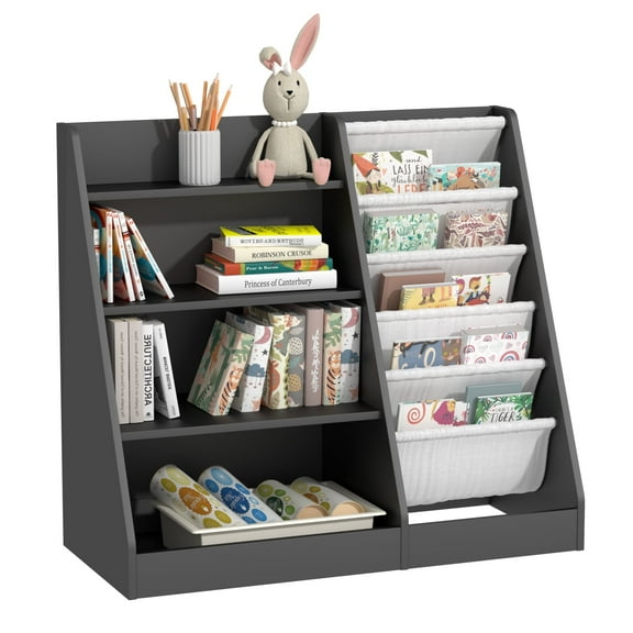 Hironpal Kids Bookshelf and Toy Storage Organizer, 4 Tier Wooden Kids Bookcase with Sling Book Rack in Kids Room Playroom Nursery for Kids, Children, Toddlers