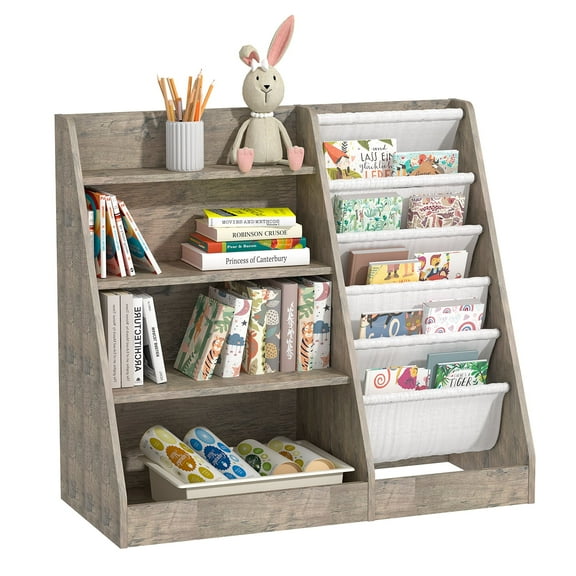 Hironpal Kids Bookshelf and Toy Storage Organizer, 4 Tier Wooden Kids Bookcase with Sling Book Rack in Kids Room Playroom Nursery for Kids, Children, Toddlers