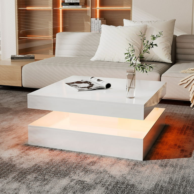 Hironpal LED Coffee Table 2 Tier Square Coffee Table High Gloss Minimalist Design with Plug in 16 Color LED Light for Home Office Reception Room