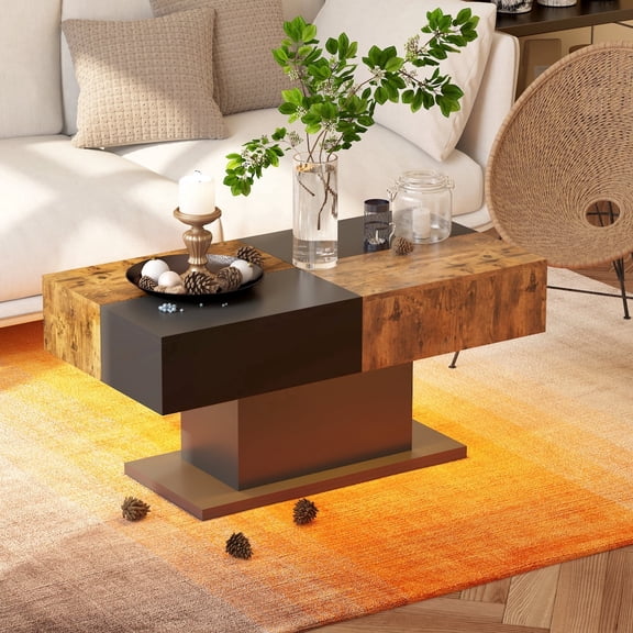 Hironpal 43" High Glossy LED Coffee Table, Modern Center Table with 16 Colors for Living Room,Remote Control,Black&Rustic Brown