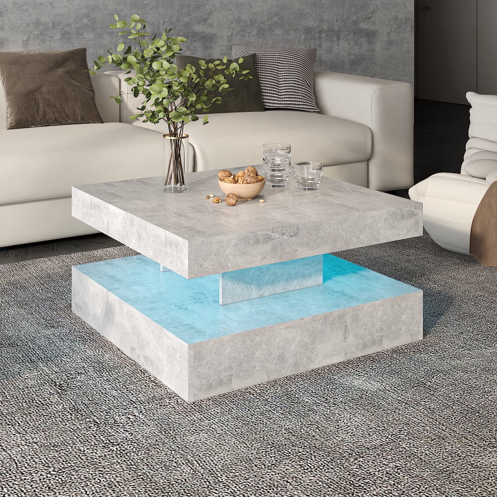 Hironpal Gray LED Coffee Table for Living Room,31" Living Room Center Table,2-Tier Square Modern Table with Storage,Gray