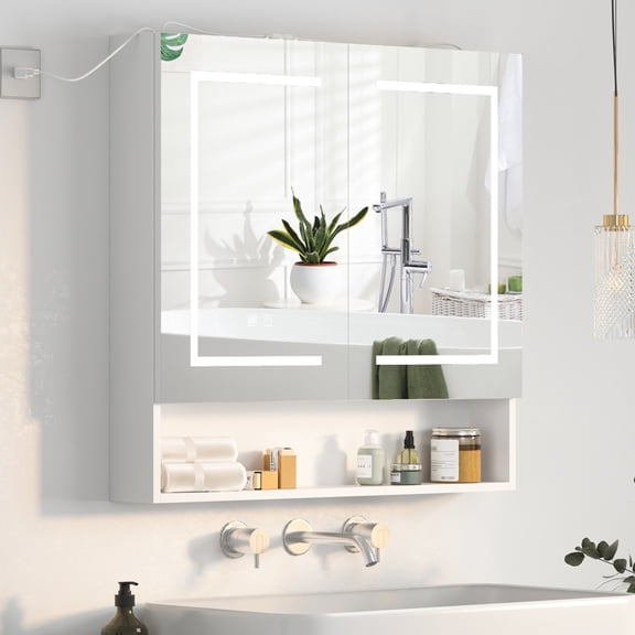 Hironpal LED Medicine Cabinet with 2 Doors,32" x 30" Large Bathroom Mirror Cabinet with Open Shelf,Wall Mounted,White