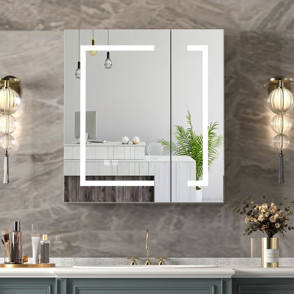 Hironpal LED Medicine Cabinet with Mirror,24" Lighted Bathroom Mirror Cabinet with Defogger,Double Door,White