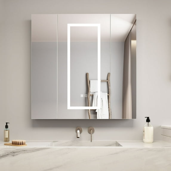Hironpal LED Medicine Cabinet with Mirror, 31.7"*31.4" Wall Mounted Bathroom Cabinet Brightness Adjustable and Defogger