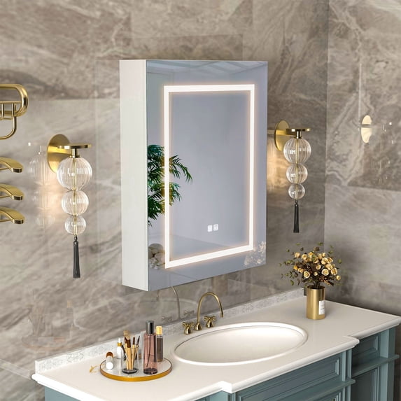 Hironpal LED Medicine Cabinet with Mirror,24" x 30 " Lighted Bathroom Mirror Cabinet with Defogger,Dimmer, White
