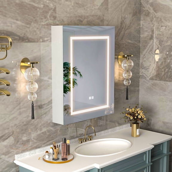 Hironpal LED Medicine Cabinet with Mirror,24" x 30 " Lighted Bathroom Mirror Cabinet with Defogger,Dimmer, White
