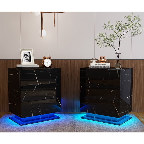 Hironpal LED Nightstand Set of 2, Modern Bedside Table with 3 Drawers and RGB LED Light ,High Gloss End Table