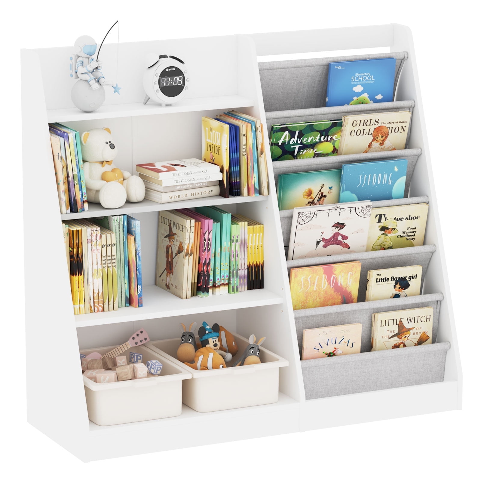 Hironpal Large 6 Layer Sling Kids Bookshelf, 4 Tier Wooden Children Toy Organizer Cabinet for Playroom Nursery Classroom Library
