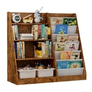 Hironpal Large 6 Layer Sling Kids Bookshelf, 4 Tier Wooden Children Toy Organizer Cabinet for Playroom Nursery Classroom Library