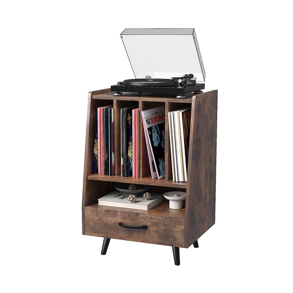 Hironpal Large Record Player Stand with Vinyl Storage, Turntable Stand with Drawer, Midcentury Record Player Table Holds Up to 200+ Albums, DVD Shelf Record Stand for Music Room Living Room-Walnut