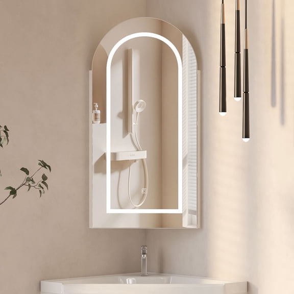 Hironpal Lighted Corner Medicine Cabinet Mirror,16" x 31" Arched Bathroom Mirror Cabinet,Wall Mounted,Left-Side Opening,White