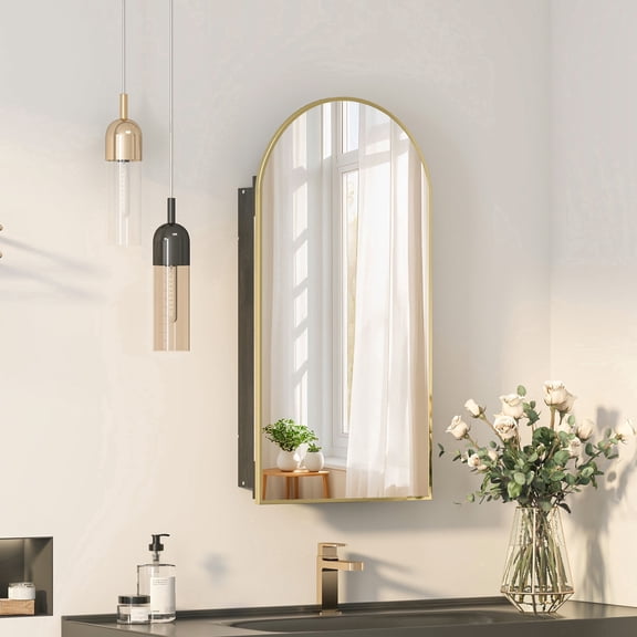 Hironpal Medicine Cabinet Mirror,16" x 32" Arched Bathroom Mirror Cabinet, Recessed/Wall Mounted,Metal Edge,Brushed Gold