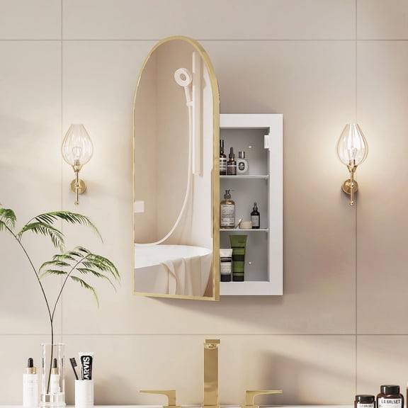 Hironpal Medicine Cabinet Mirror,17" x 27" Arched Bathroom Mirror Cabinet, Recessed/Wall Mounted,Left-Side Opening,Gold